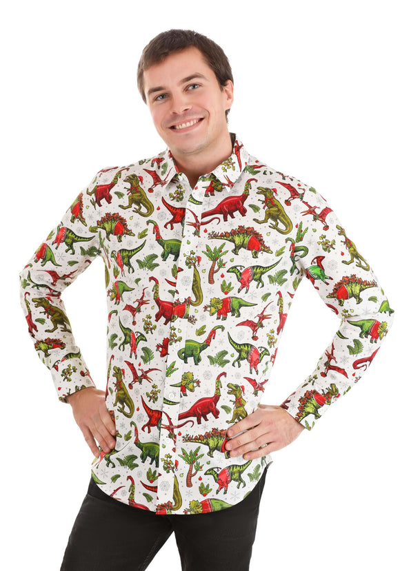 Christmas Dinosaurs Button Up Adult Shirt | Holiday Christmas Shirts