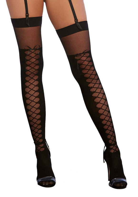 Women's Sheer Black Thigh High Stockings with Front Lace Up Detail and Comfort Lace Top Anti-Slip Elastic Band