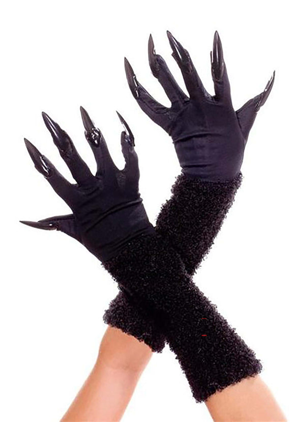 Black Furry Gloves with Nails for Women | Costume Gloves