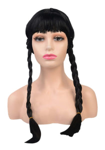 Women's Black Pigtail Costume Wig with Bangs