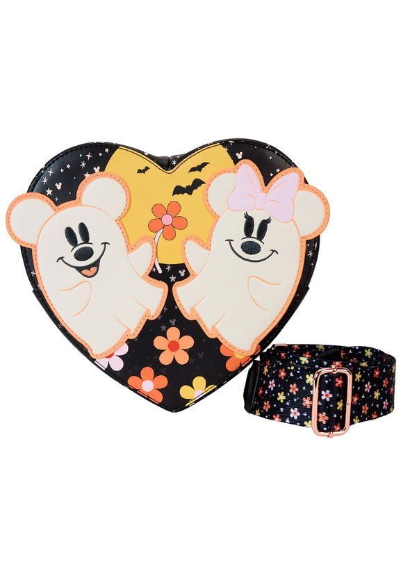 Disney Mickey & Minnie Floral Ghost Figural Heart Glow Loungefly Crossbody Bag