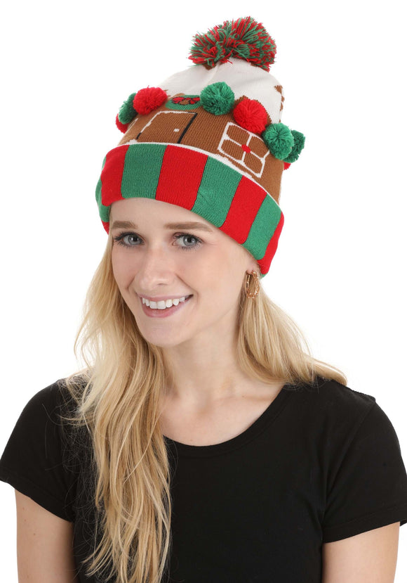 Christmas Gingerbread House Knit Hat with Pom Pom | Holiday Hats