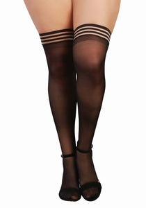 Women's Plus Size Black Sheer Thigh High Stockings with Striped Elastic Top Band