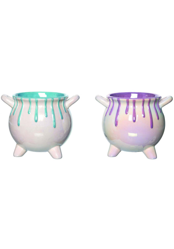 Set of Two Iridescent Drip Ceramic Cauldron Containers