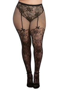 Black Lace Fishnet Pantyhose with High-Waisted Lace Panty and Thigh High Design