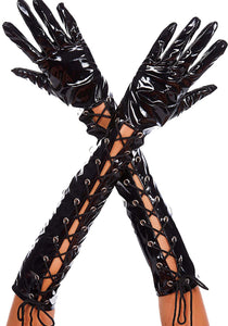 Women's Black Patent Lace Up Costume Gloves | Long Gloves
