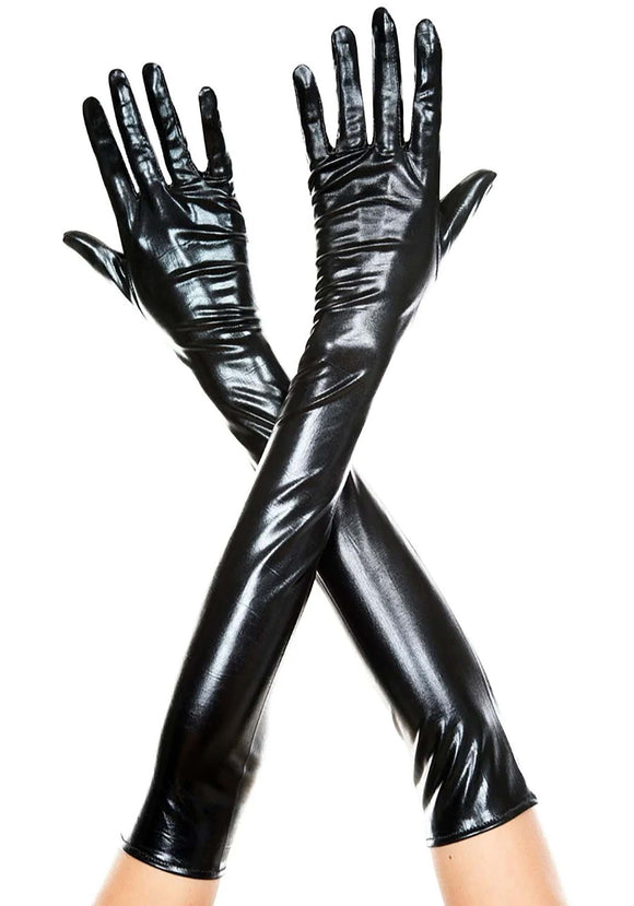 Women's Black Faux Patent Leather Extra Long Gloves | Costume Gloves
