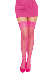 Hot Pink Thigh High Fishnet Stockings with Silicone Lace Tops and Back Seam