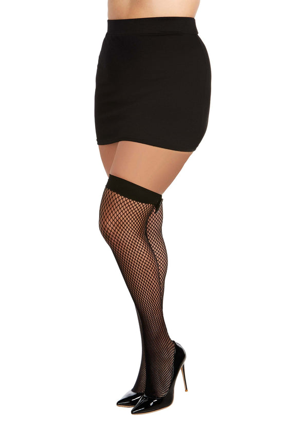 Plus Size Diamond Net Fishnet Thigh High Stockings, Black with Back Seam and Vinyl Bow