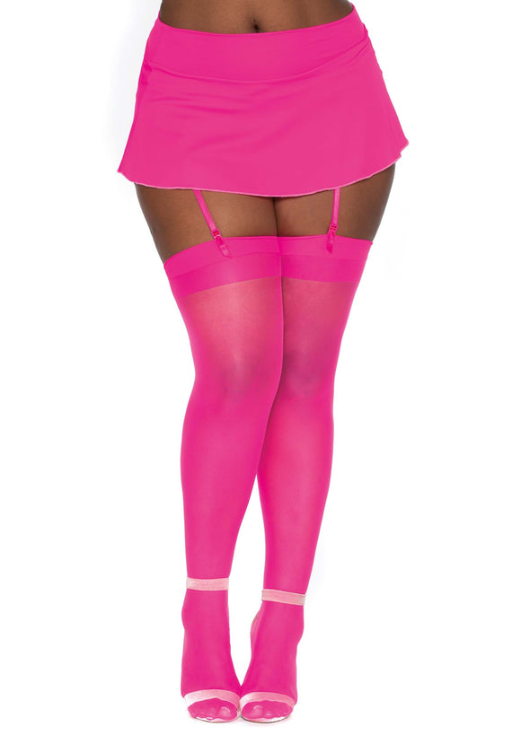 Women's Plus Hot Pink Sheer Thigh High Nylon Stockings with Comfort Lace Top