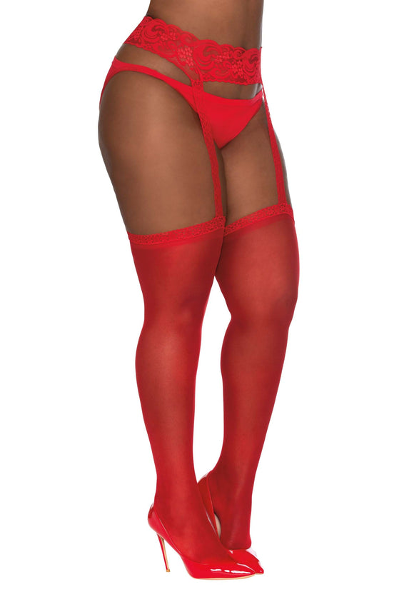 Women's Plus Size Sheer Red Thigh High Stockings with Garter Garter Belt and Comfort Lace Top Anti-Slip Elastic Band