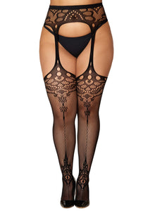 Women's Plus Size Ornate Pattern Fishnet Thigh High Stockings with Attached Garter | Costume Tights