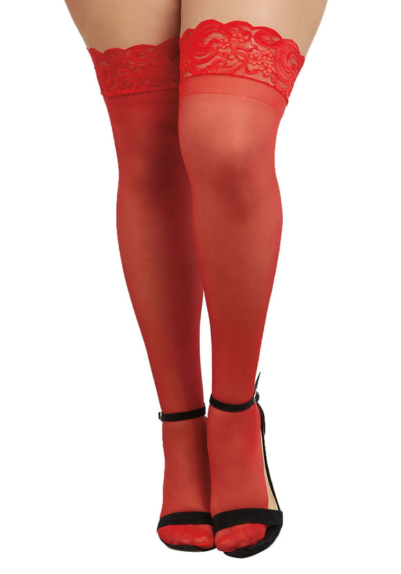 Women's Plus Size Red Sheer Thigh High Stockings with Scalloped Lace Top | Costume Tights