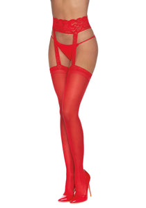 Women's Sheer Red Thigh High Stockings with Garter Belt and Comfort Lace Top Anti-Slip Elastic Band