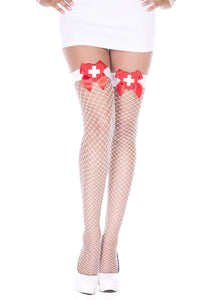 Women's White Nurse Fishnet Thigh High Stockings with Bow | Nurse Tights