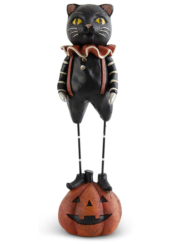 10 Inch Black Cat with Metal Legs Standing on Pumpkin