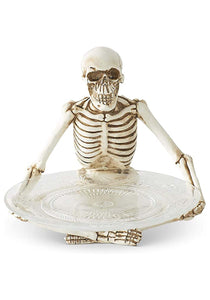 10" Resin Sitting Skeleton Holding Glass Plate Decoration