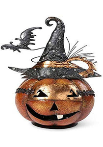 13" Metal Jack O Lantern With Witch Hat and Bat