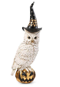 White & Gold 14" Owl with Witch Hat on Gold Jack-O-Lantern