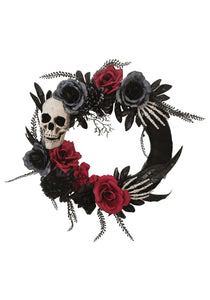 18 Inch Black Skull Wreath with Hands and Roses Halloween Decoration