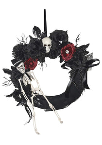 18" Black Halloween Wreath with Skeleton and Flowers Decoration