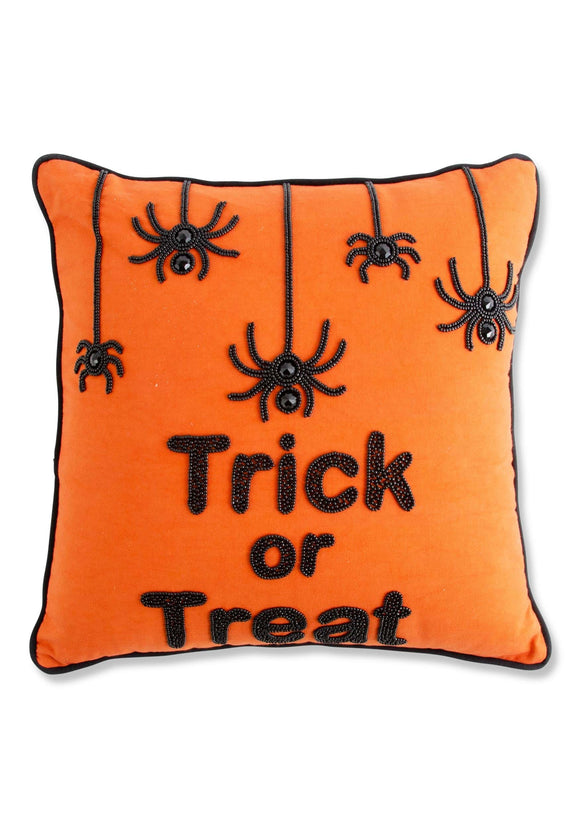 Eighteen Inch Orange Square Beaded TRICK OR TREAT Pillow with Spiders