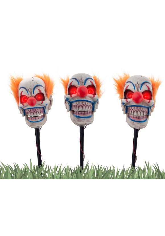 3 Piece Light Up Clown Head Stakes with Sound & Moving Mouth