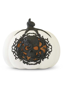 7.75" White & Black LED Pumpkin w/Filigree and Skull