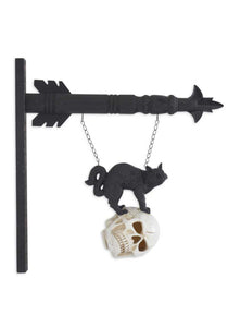 8 Inch Black Resin Cat on LED Skull Figure Decoration
