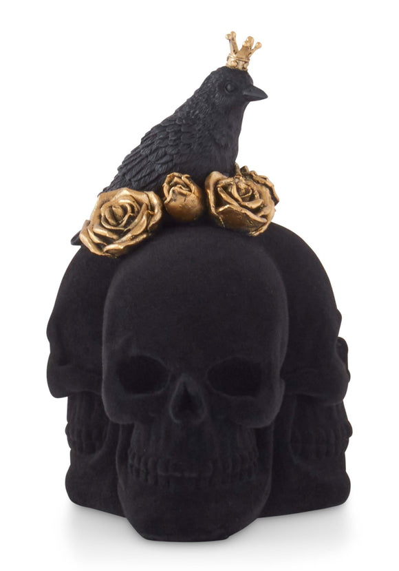 8 Inch Trio of Black Velvet Skulls with Gold Roses