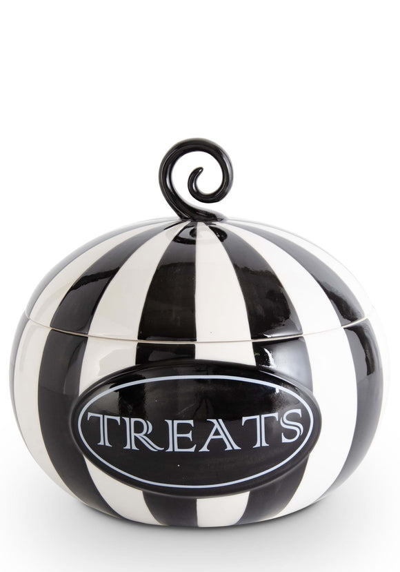 9 Inch Black and White Striped Pumpkin Treats Container