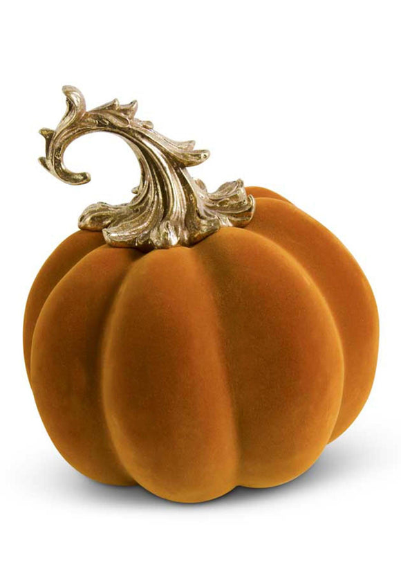 9.5 Inch Orange Velvet Pumpkin w/ Gold Filigree Stem