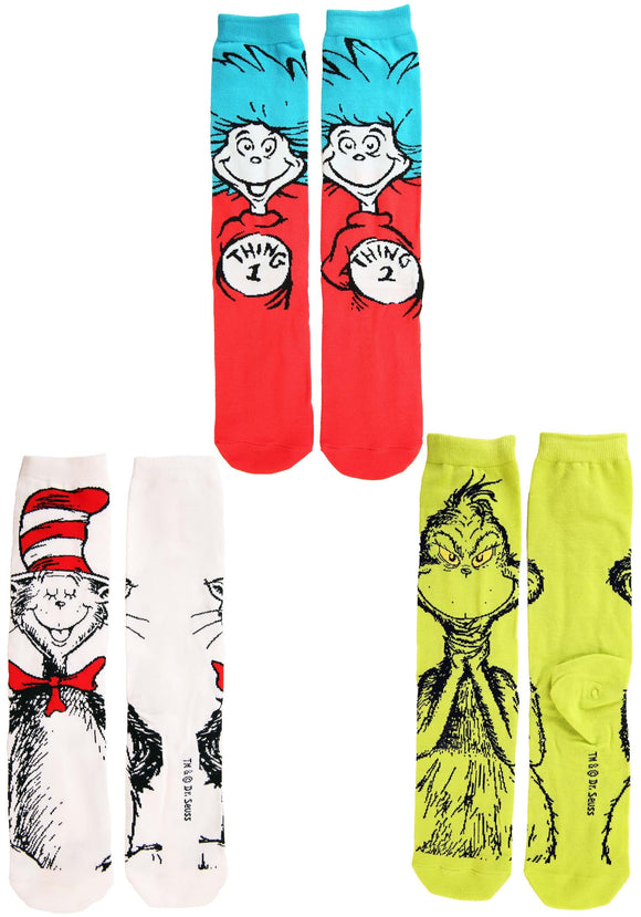 Dr. Seuss Character 3 Pair Crew Sock Set for Adults