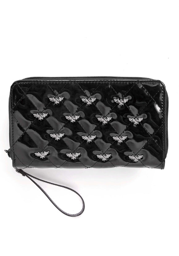 Bat Studded Quilted Faux Patent Black Wallet