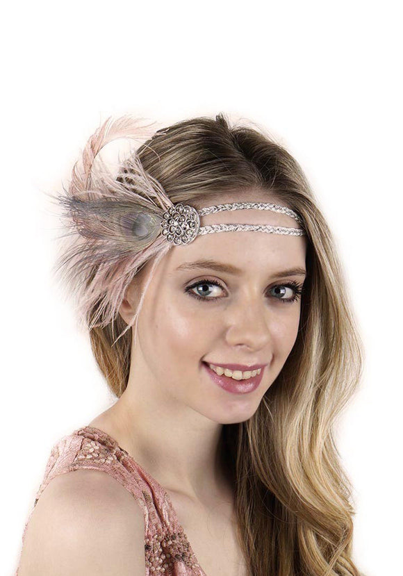 Beige Flapper Headband with Rhinestones