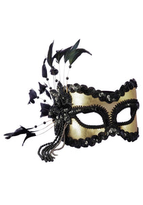 Black and Gold Sequin and Feather Mardi Gras Mask