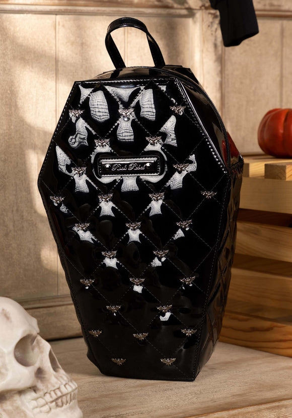 Bat Studded Quilted Faux Patent Coffin Back Pack