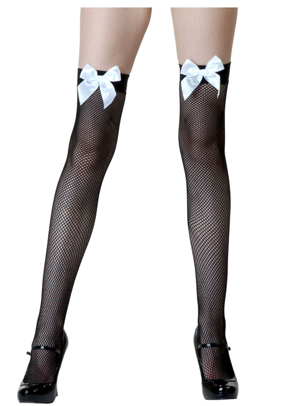 Black Fishnet / White Bow Thigh Highs