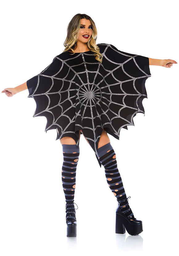 Black Glitter Spider Web Adult Costume Poncho