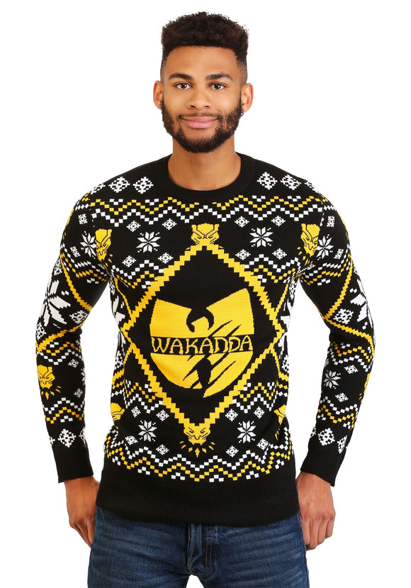 Wakanda Black Panther Black/Gold Intarsia Knit Ugly Sweater