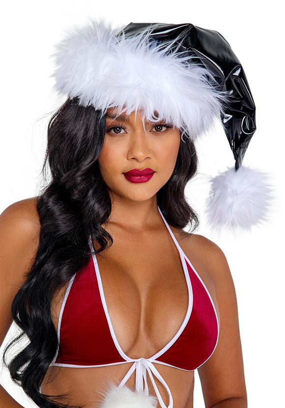 Black Faux Patent Santa Hat with White Faux Fur