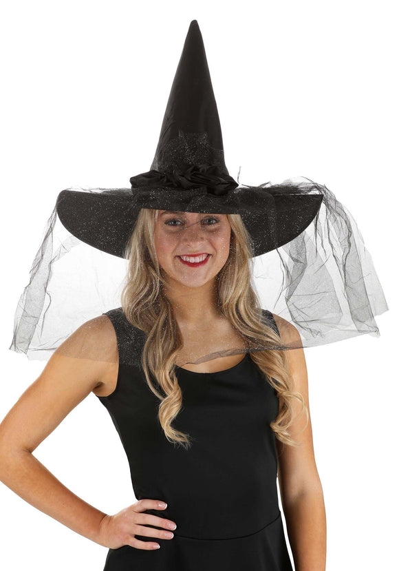 Women's Sparkly Black Witch Hat with Veil