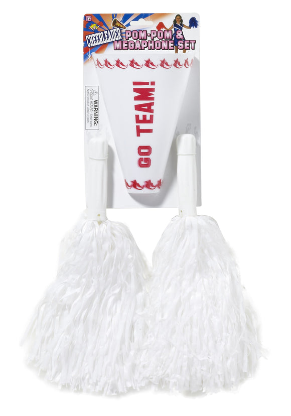 White Cheerleader Pom Pom & Megaphone Set