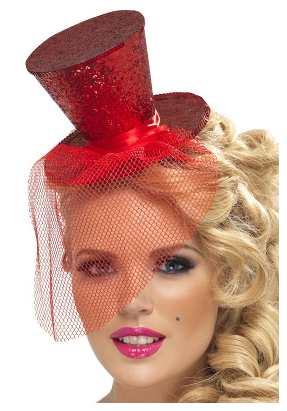 Women's Red Glitter Mini Top Hat