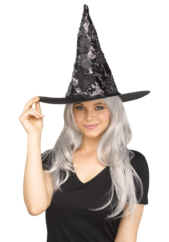 Silver Flip Sequin Witch Hat