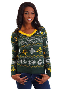 Women's Green Bay Packers Light Up V-Neck Bluetooth Ugly Christmas Sweater