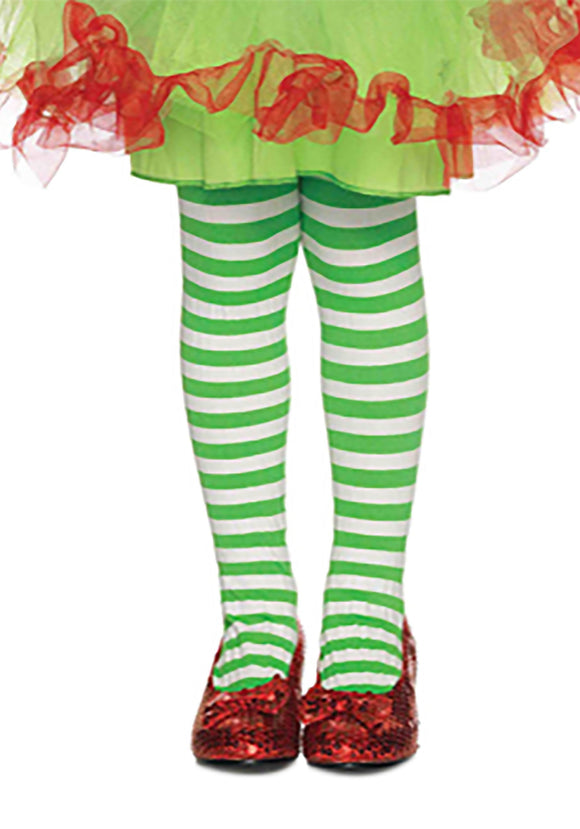 Green and White Striped Kids Tights