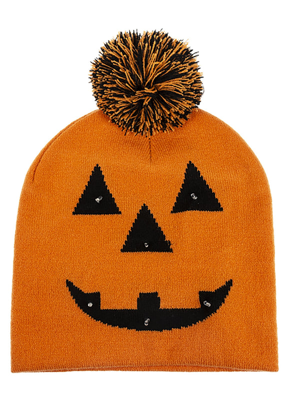 Light Up Jack O Lantern Pompom Knit Cap