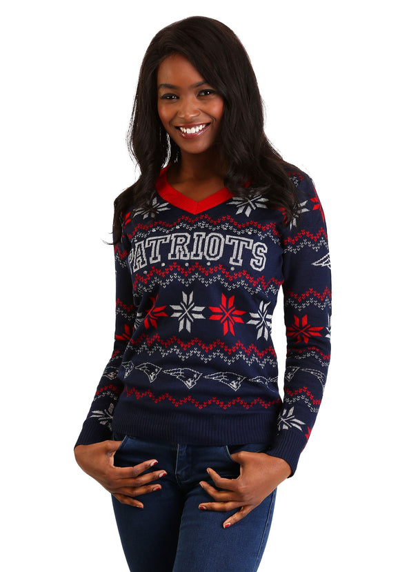 New England Patriots Women's Light Up V-Neck Bluetooth Ugly Christmas Sweater