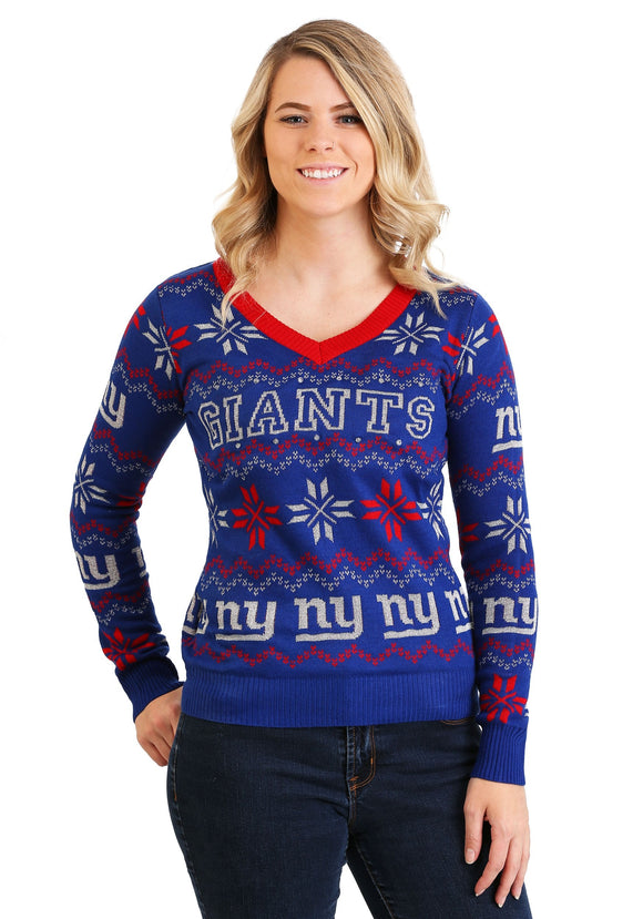 Women's New York Giants Light Up V-Neck Bluetooth Ugly Christmas Sweater